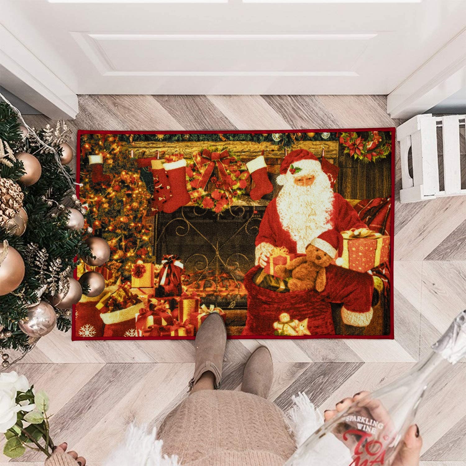 Christmas Runner Rug Santa Welcome Front Door Mat Indoor Outdoor Non Slip Doormat Xmas Holiday Decor Carpet for Living Room Bedroom Bath Kitchen Entrance - Anna's Linens Store