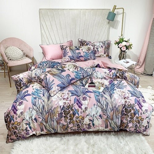6Pcs Luxury Egyptian Cotton Bedding Set Bright Flamingo Leaf Duvet Cover Bed Fitted sheet - Anna's Linens