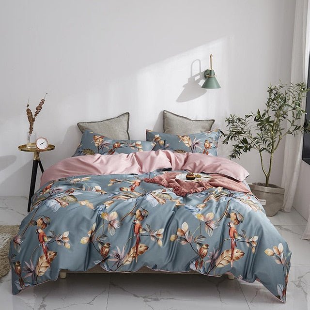 6Pcs Luxury Egyptian Cotton Bedding Set Bright Flamingo Leaf Duvet Cover Bed Fitted sheet - Anna's Linens
