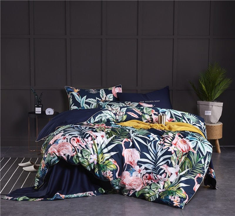6Pcs Luxury Egyptian Cotton Bedding Set Bright Flamingo Leaf Duvet Cover Bed Fitted sheet - Anna's Linens