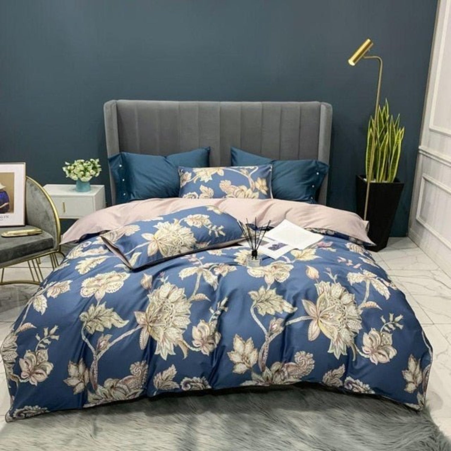 6Pcs Luxury Egyptian Cotton Bedding Set Bright Flamingo Leaf Duvet Cover Bed Fitted sheet - Anna's Linens