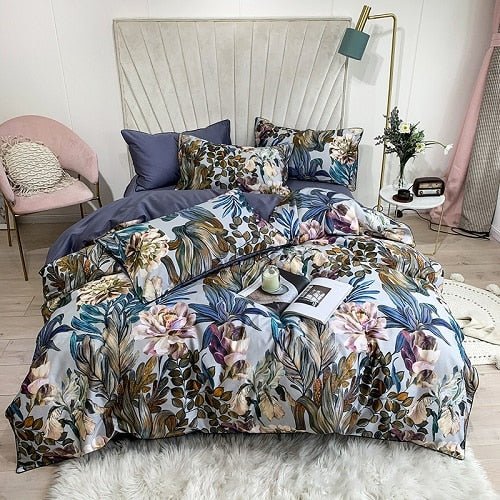 6Pcs Luxury Egyptian Cotton Bedding Set Bright Flamingo Leaf Duvet Cover Bed Fitted sheet - Anna's Linens