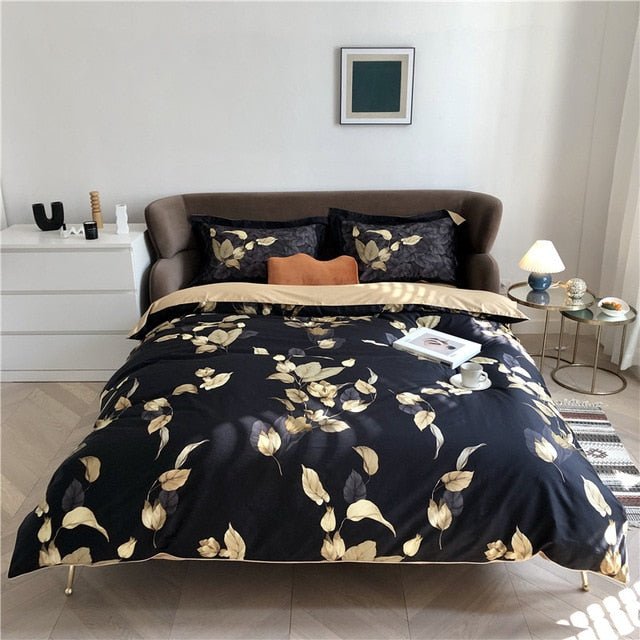 6Pcs Luxury Egyptian Cotton Bedding Set Bright Flamingo Leaf Duvet Cover Bed Fitted sheet - Anna's Linens