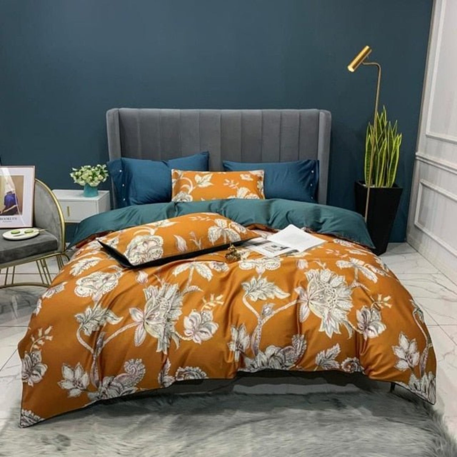 6Pcs Luxury Egyptian Cotton Bedding Set Bright Flamingo Leaf Duvet Cover Bed Fitted sheet - Anna's Linens