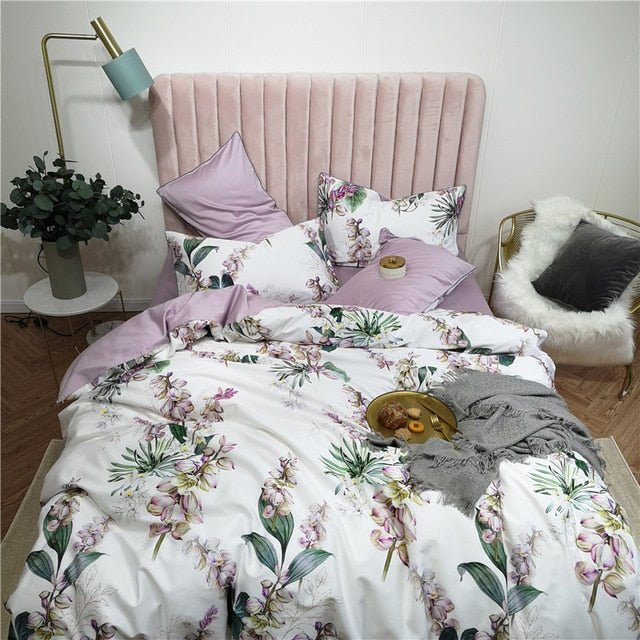 6Pcs Luxury Egyptian Cotton Bedding Set Bright Flamingo Leaf Duvet Cover Bed Fitted sheet - Anna's Linens