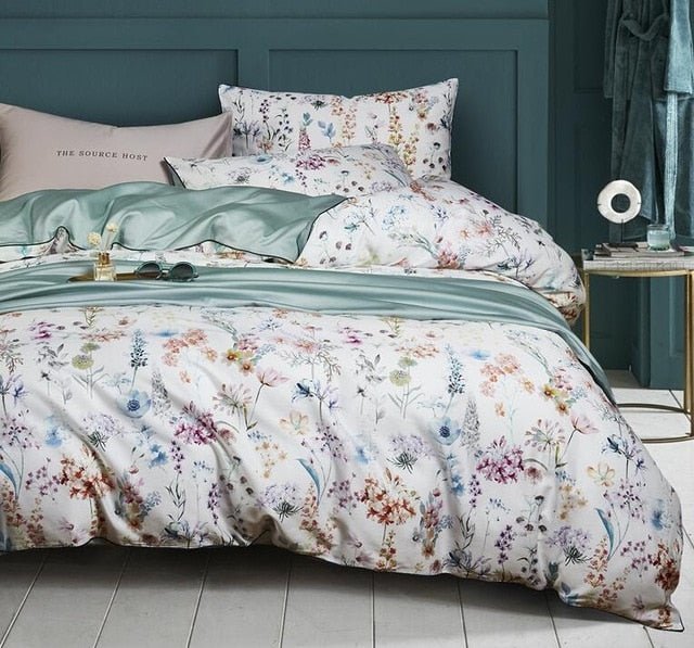 6Pcs Luxury Egyptian Cotton Bedding Set Bright Flamingo Leaf Duvet Cover Bed Fitted sheet - Anna's Linens