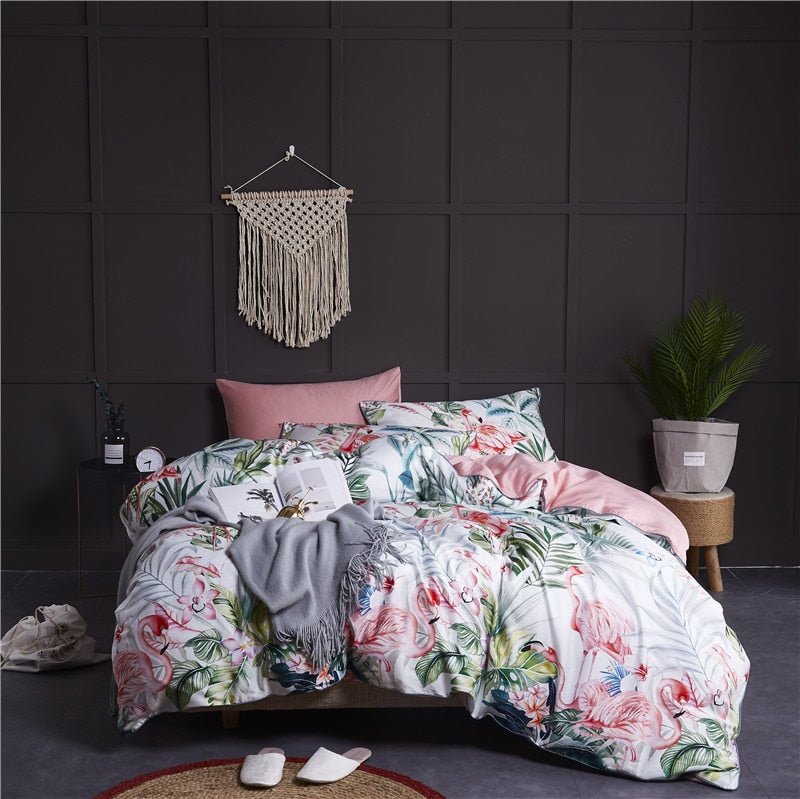 6Pcs Luxury Egyptian Cotton Bedding Set Bright Flamingo Leaf Duvet Cover Bed Fitted sheet - Anna's Linens