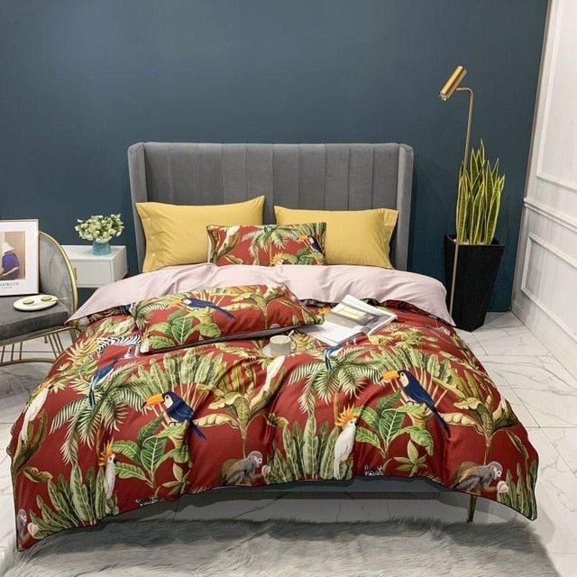 6Pcs Luxury Egyptian Cotton Bedding Set Bright Flamingo Leaf Duvet Cover Bed Fitted sheet - Anna's Linens