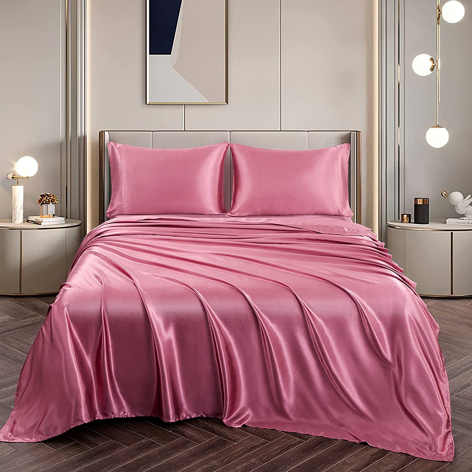 Juego de sábanas de satén tamaño Queen, sábanas de seda rosa, juego de ropa  de cama suave de 4 piezas con 1 sábana bajera de bolsillo profundo, 1