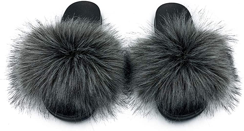 Faux Fur Slides Slippers Fluffy Fuzzy Sandals Open Toe Furry Slide Flip Flop - Anna's Linens Store