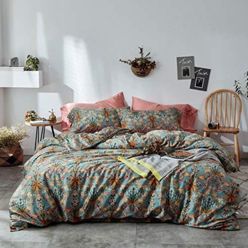Garden Flower Duvet Cover Set with Zipper Closure Soft Cotton