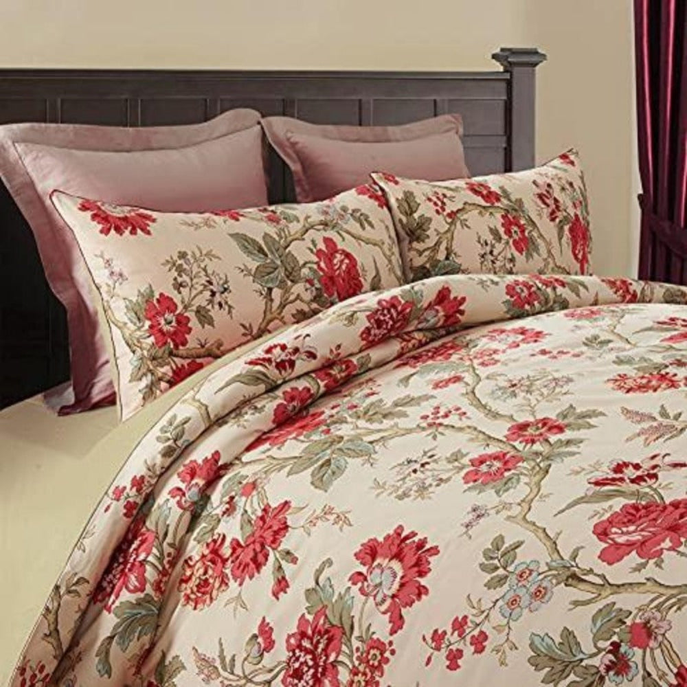 Garden Style 3 Pcs Red Flower Leaf Cotton Reversible Duvet Cover Set