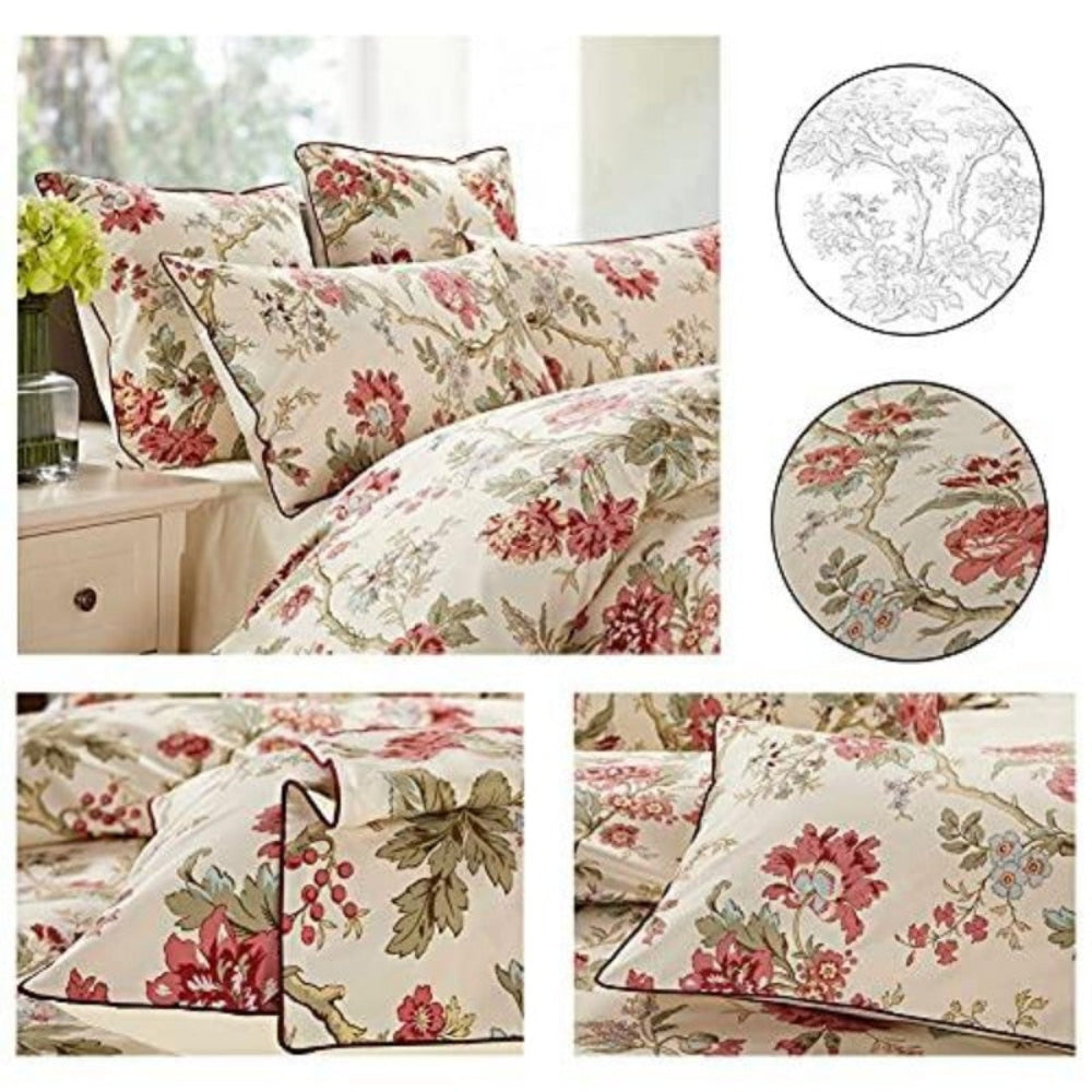 Garden Style 3 Pcs Red Flower Leaf Cotton Reversible Duvet Cover Set