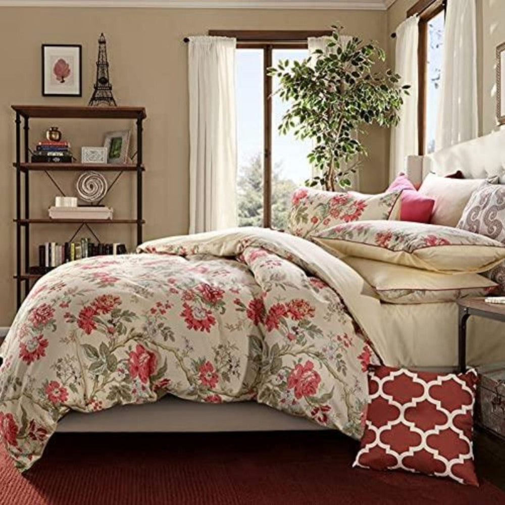 Garden Style 3 Pcs Red Flower Leaf Duvet Cover Set Cotton Reversible