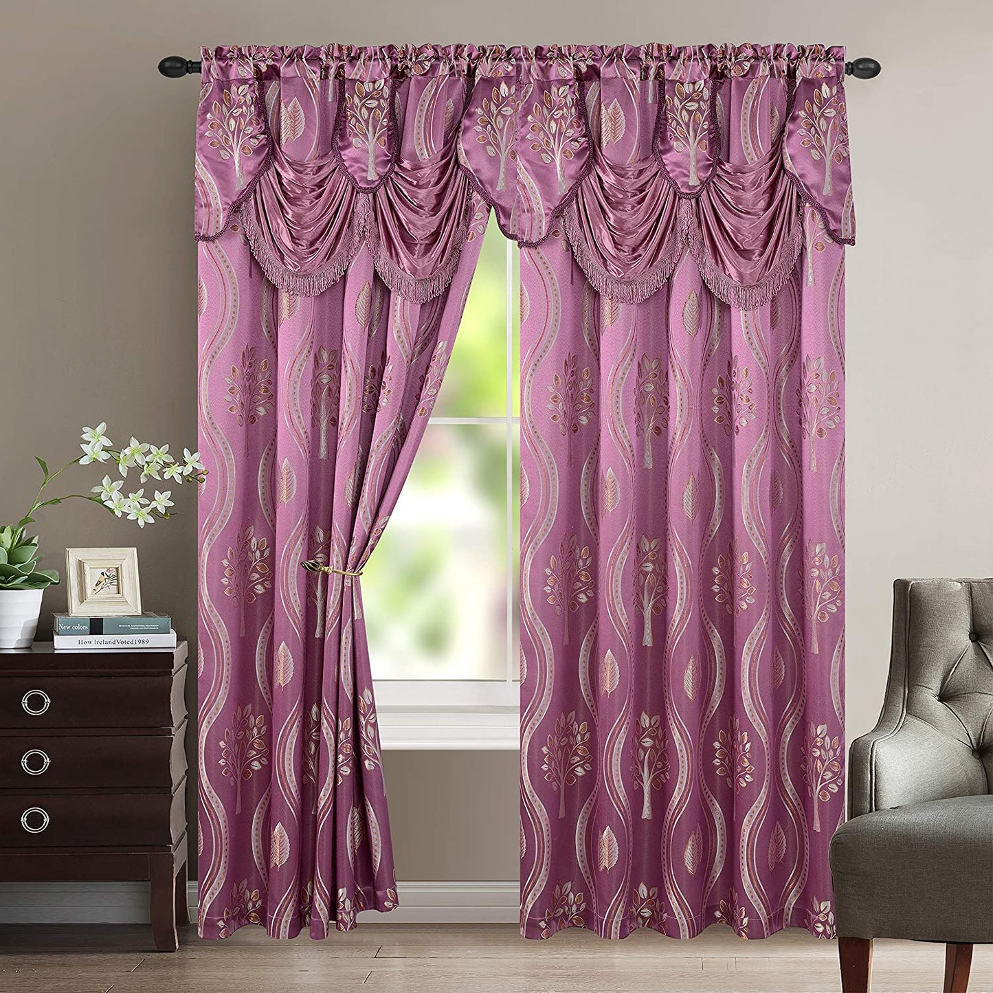Luxurious Beautiful Curtain Panel Set with Attached Valance & Backing