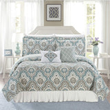 5 Piece Teal Aqua Printed Bed Cover Quilt Blanket Cotton Polyester Filled Embroidery Pillow Set - Anna's Linens Store