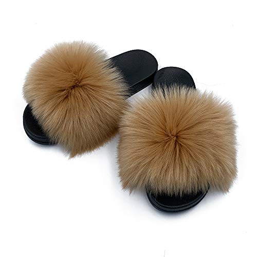 Faux Fur Slippers Fluffy Fuzzy Open Toe Furry Slide Flip Flop - Anna's Linens