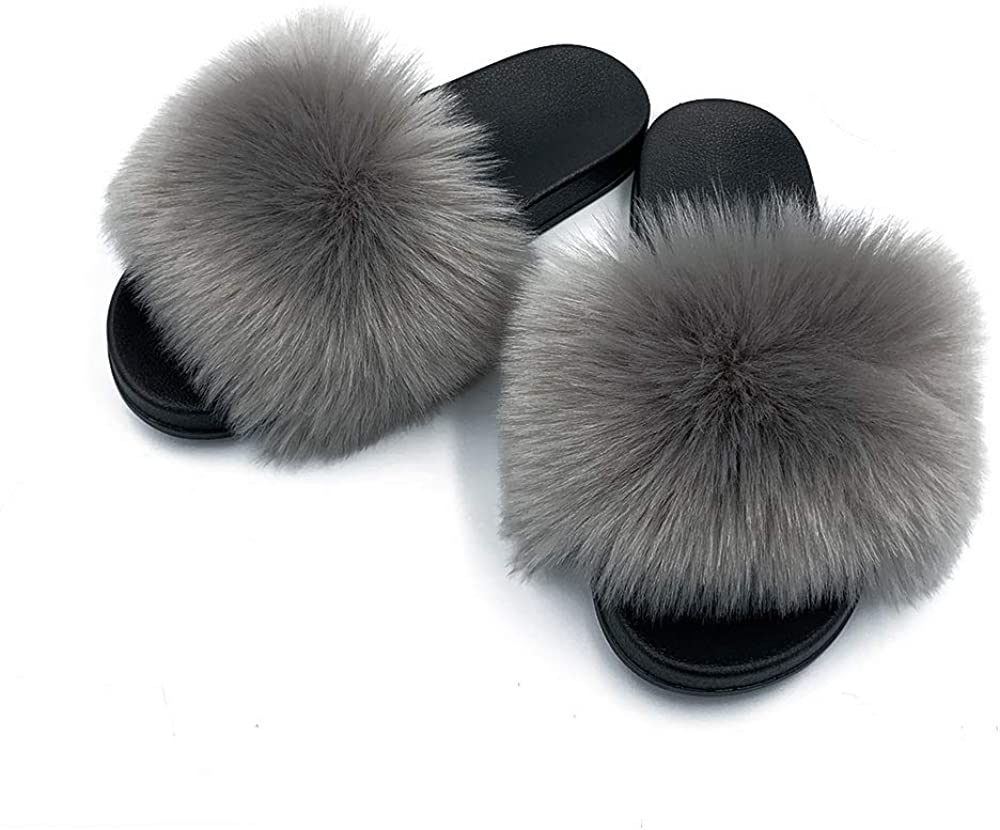Faux Fur Slippers Fluffy Fuzzy Open Toe Furry Slide Flip Flop - Anna's Linens
