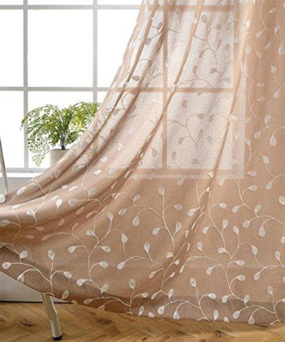Floral Embroidery Semi Sheers Curtain Linen Grommet Window Curtains for Office 52 x 95 Inch 2 Panels, Taupe - Anna's Linens