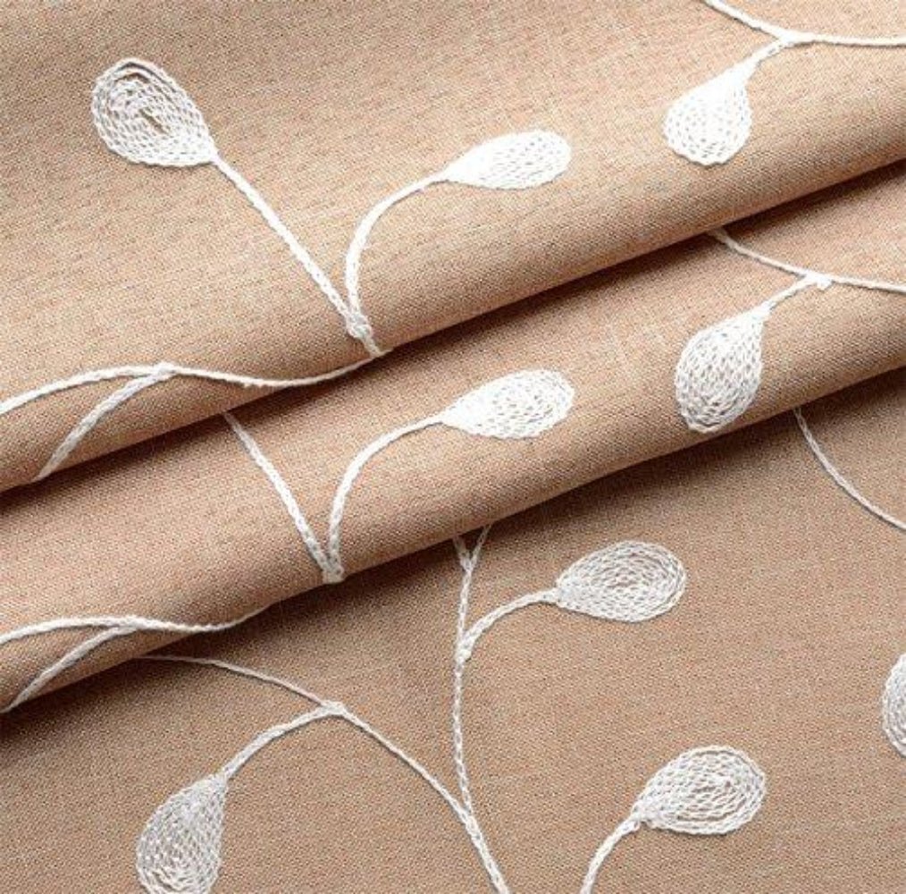 Floral Embroidery Semi Sheers Curtain Linen Grommet Window Curtains for Office 52 x 95 Inch 2 Panels, Taupe - Anna's Linens