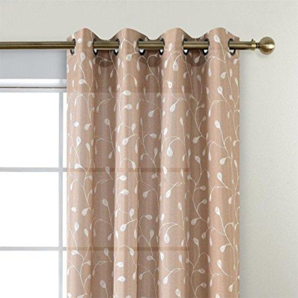 Floral Embroidery Semi Sheers Curtain Linen Grommet Window Curtains for Office 52 x 95 Inch 2 Panels, Taupe - Anna's Linens