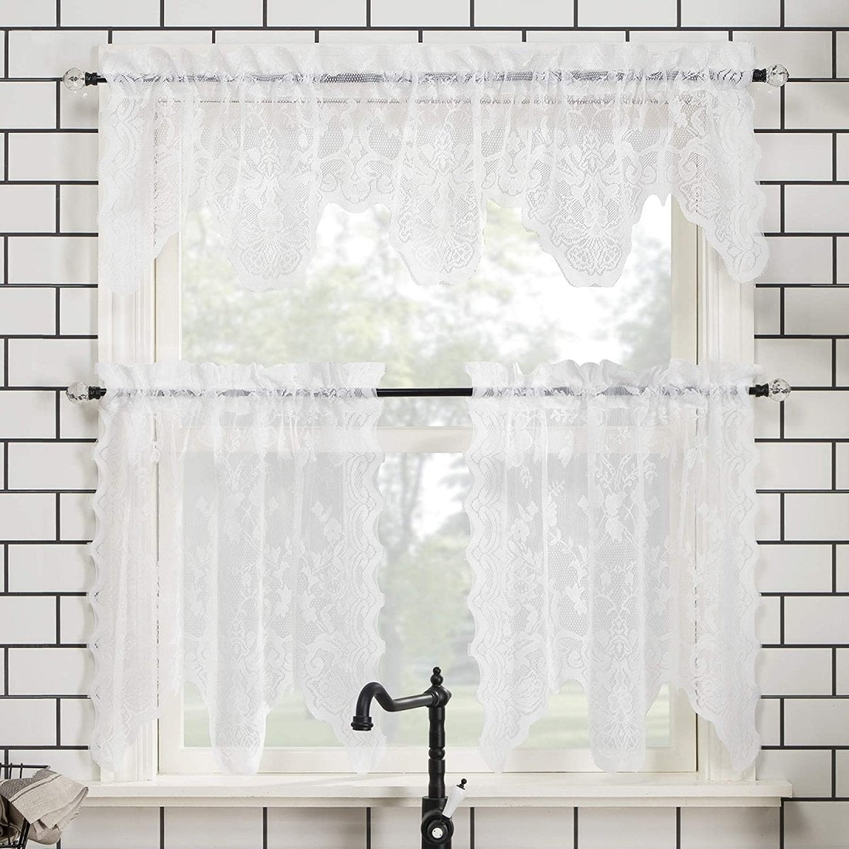 Floral Lace Sheer Rod Pocket Kitchen Curtain Valance and Tiers Set - Anna's Linens