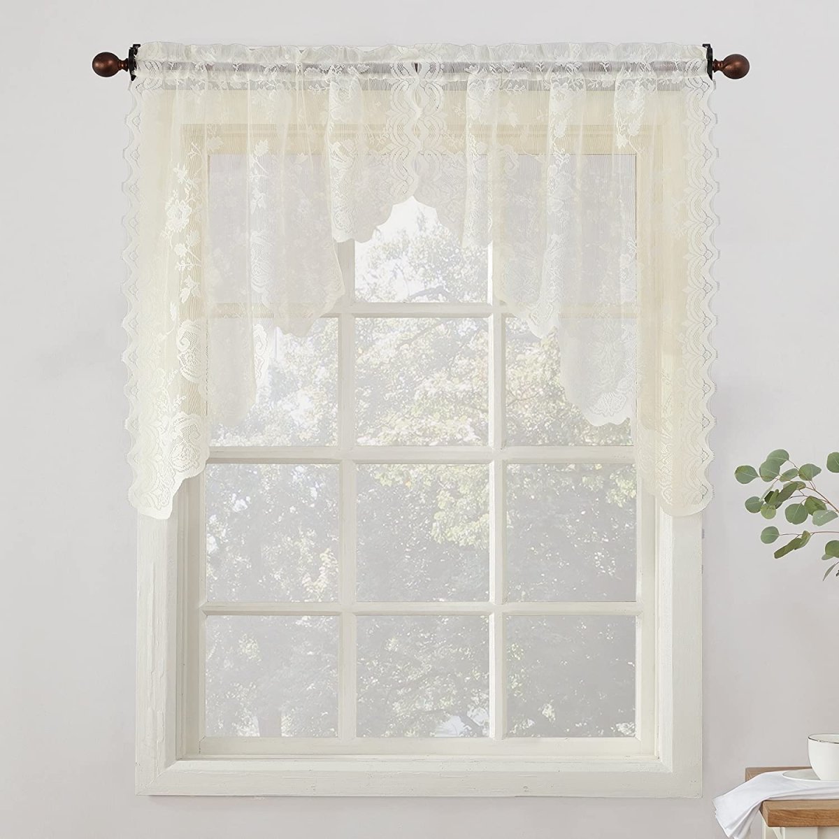 Floral Lace Sheer Rod Pocket Kitchen Curtain Valance and Tiers Set - Anna's Linens