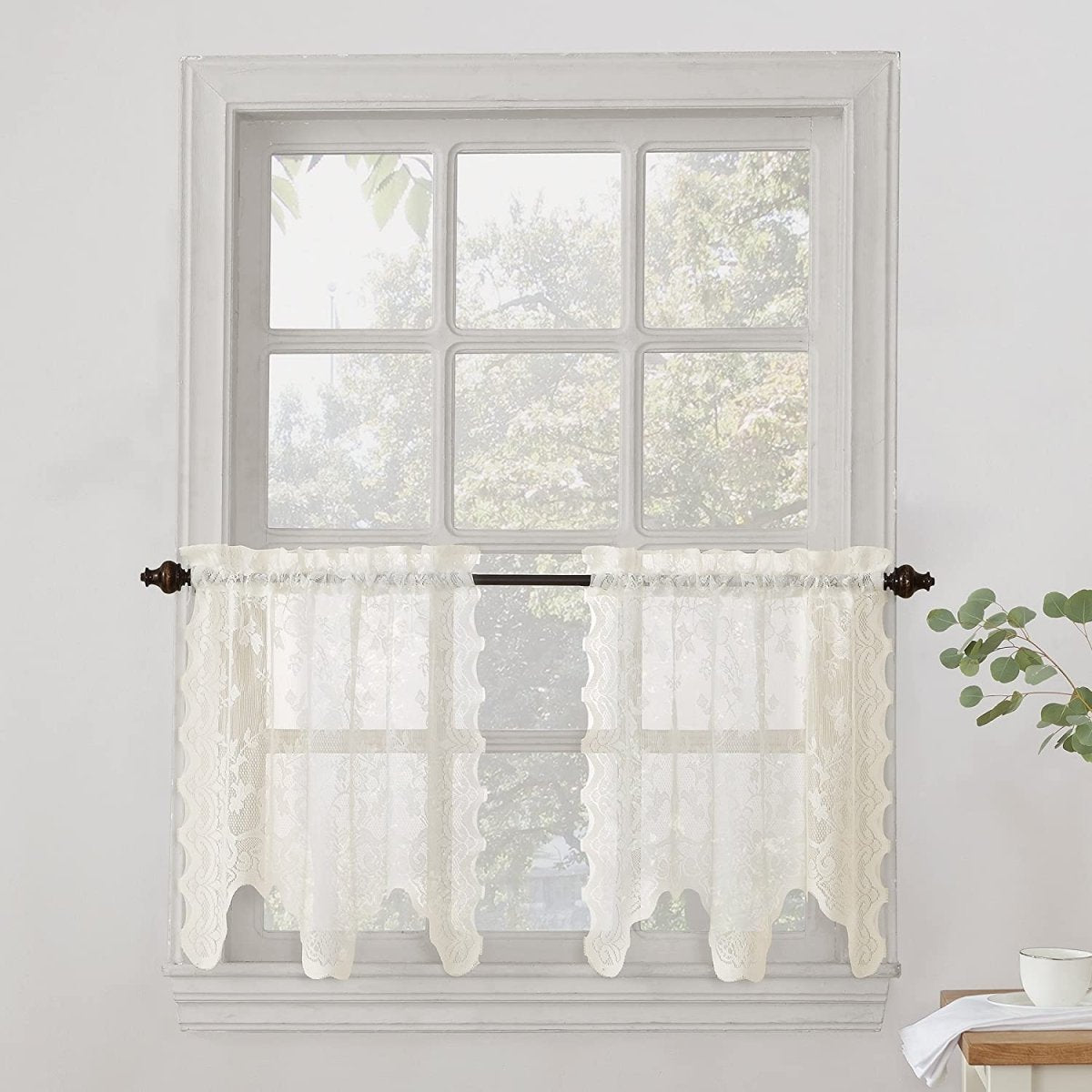 Floral Lace Sheer Rod Pocket Kitchen Curtain Valance and Tiers Set - Anna's Linens