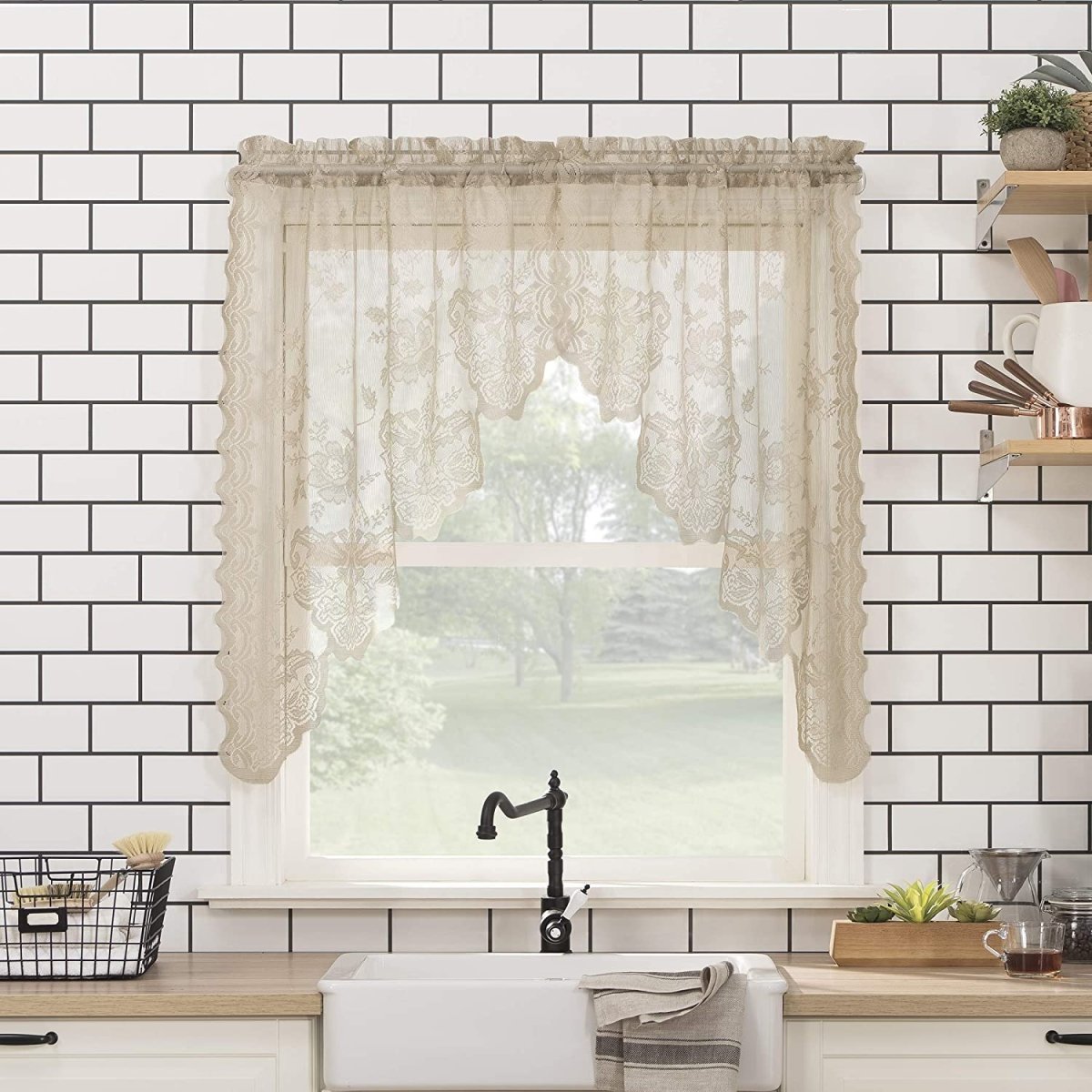 Floral Lace Sheer Rod Pocket Kitchen Curtain Valance and Tiers Set - Anna's Linens