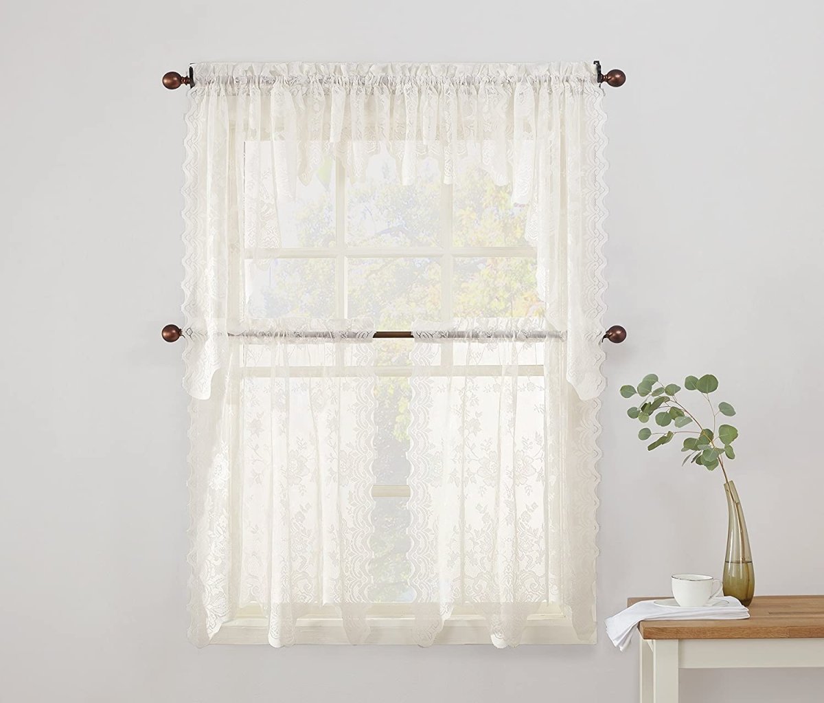 Floral Lace Sheer Rod Pocket Kitchen Curtain Valance and Tiers Set - Anna's Linens