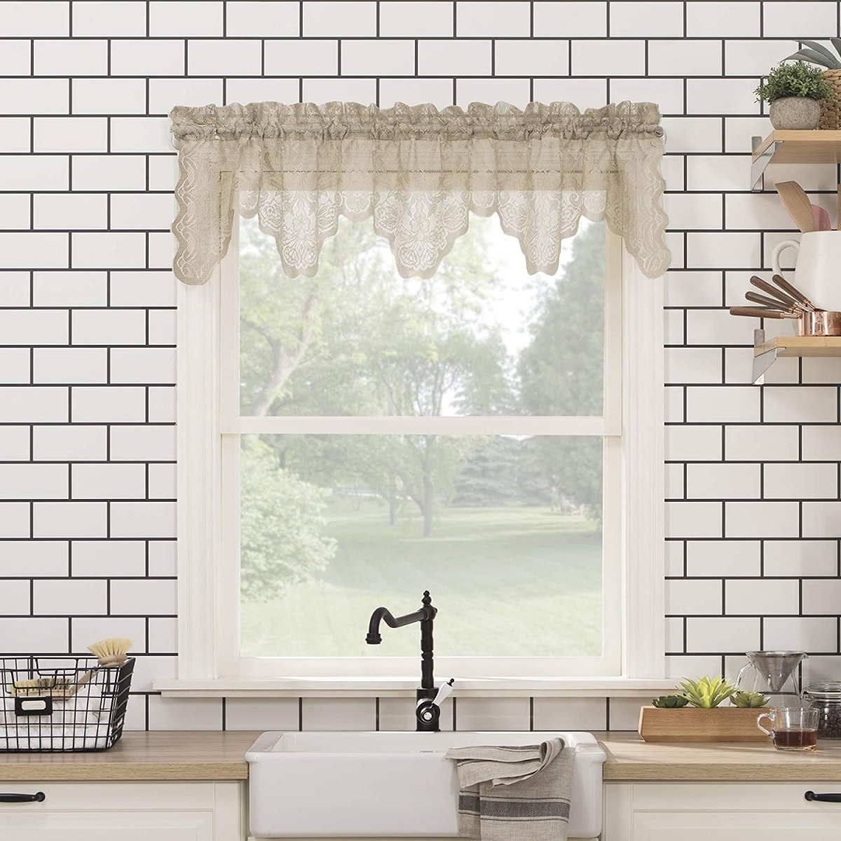 Floral Lace Sheer Rod Pocket Kitchen Curtain Valance and Tiers Set - Anna's Linens