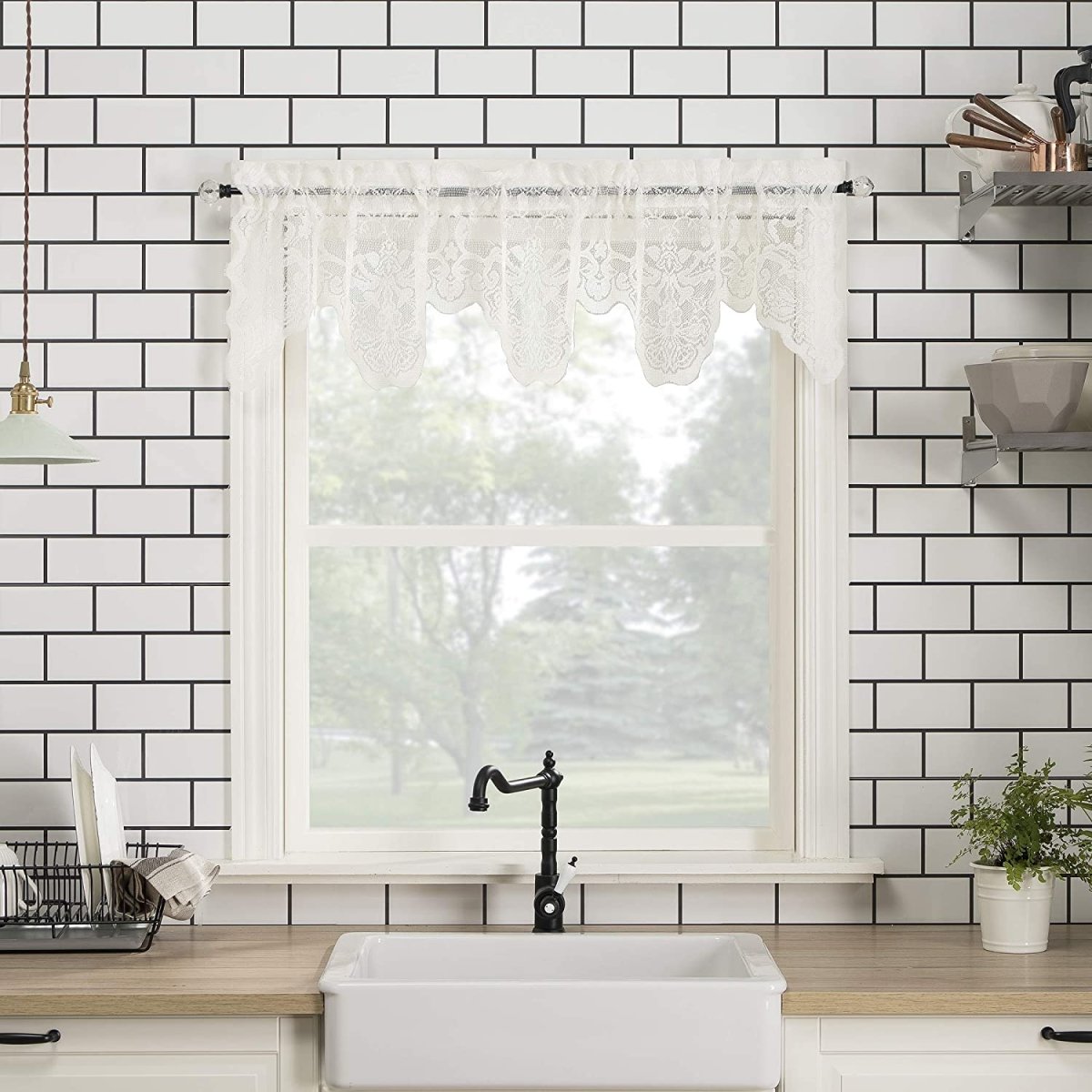 Floral Lace Sheer Rod Pocket Kitchen Curtain Valance and Tiers Set - Anna's Linens