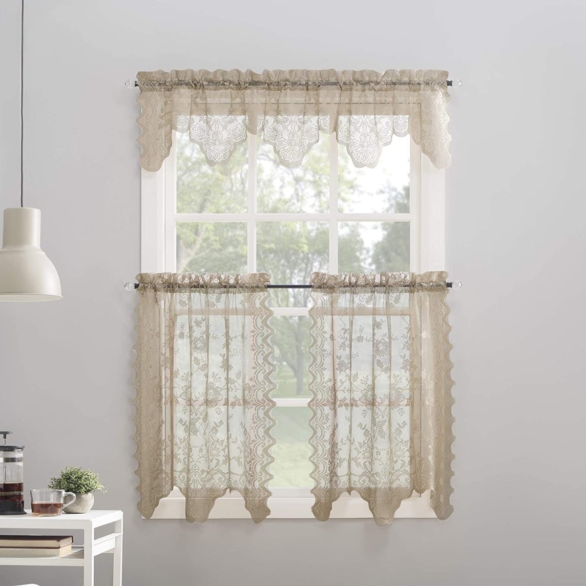 Floral Lace Sheer Rod Pocket Kitchen Curtain Valance and Tiers Set - Anna's Linens