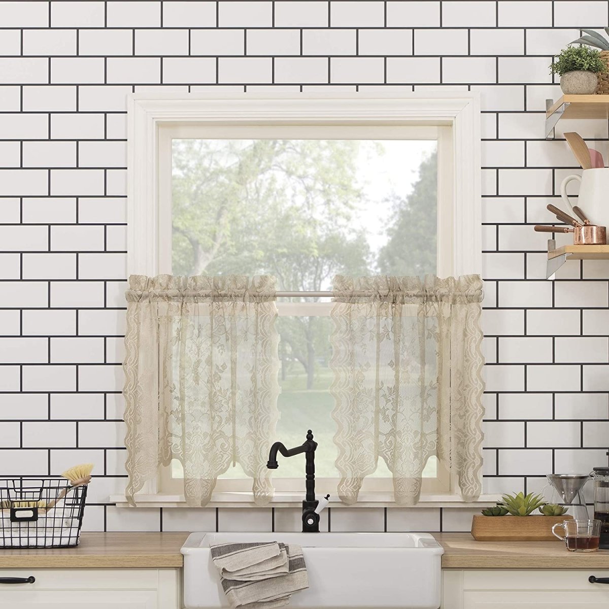 Floral Lace Sheer Rod Pocket Kitchen Curtain Valance and Tiers Set - Anna's Linens