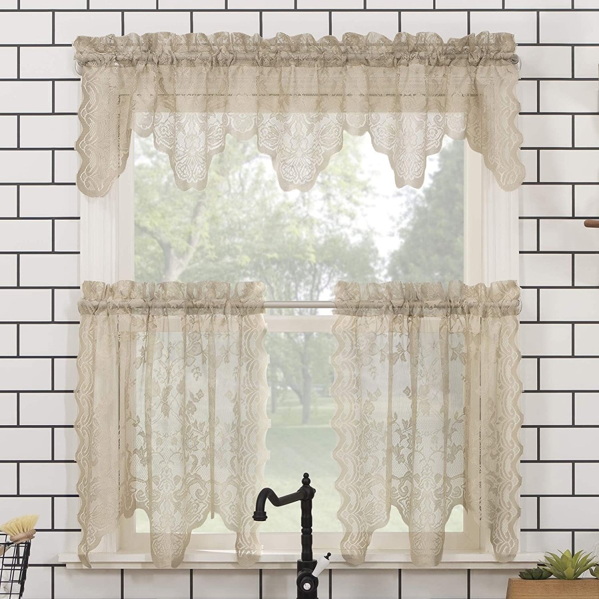 Floral Lace Sheer Rod Pocket Kitchen Curtain Valance and Tiers Set - Anna's Linens