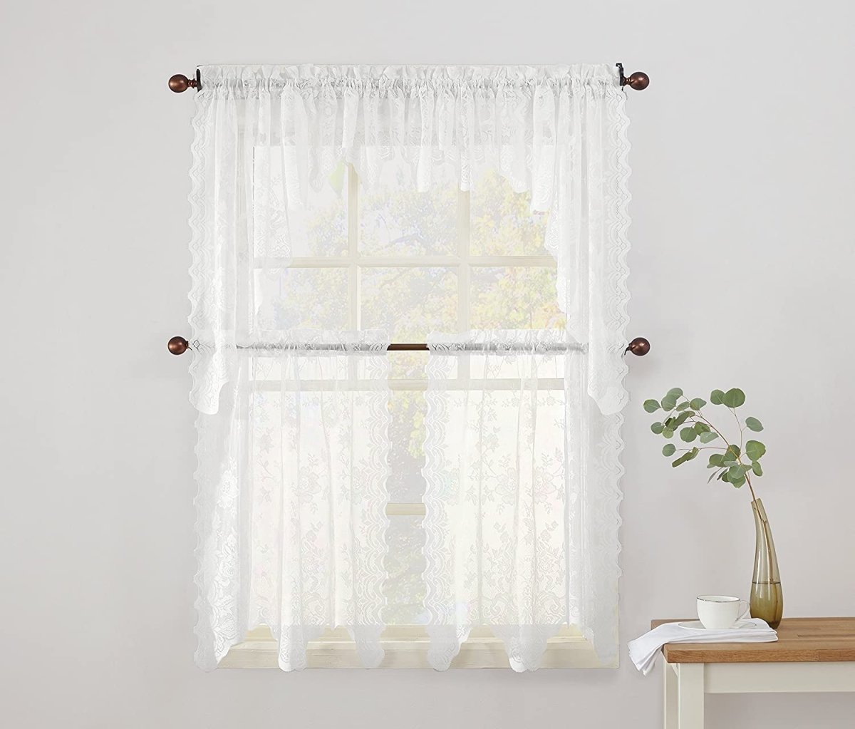 Floral Lace Sheer Rod Pocket Kitchen Curtain Valance and Tiers Set - Anna's Linens
