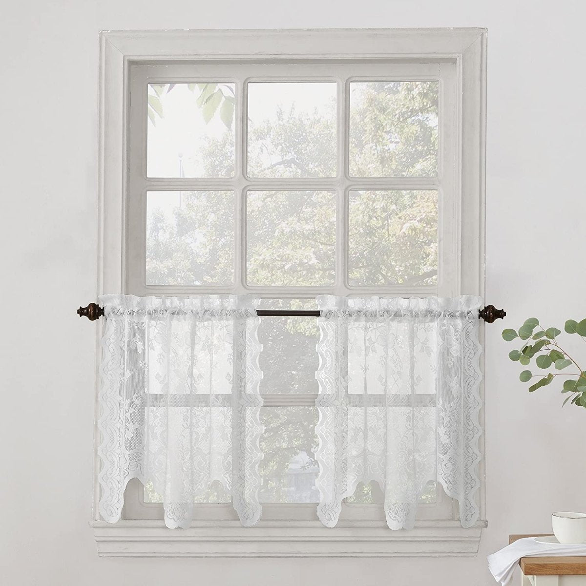 Floral Lace Sheer Rod Pocket Kitchen Curtain Valance and Tiers Set - Anna's Linens