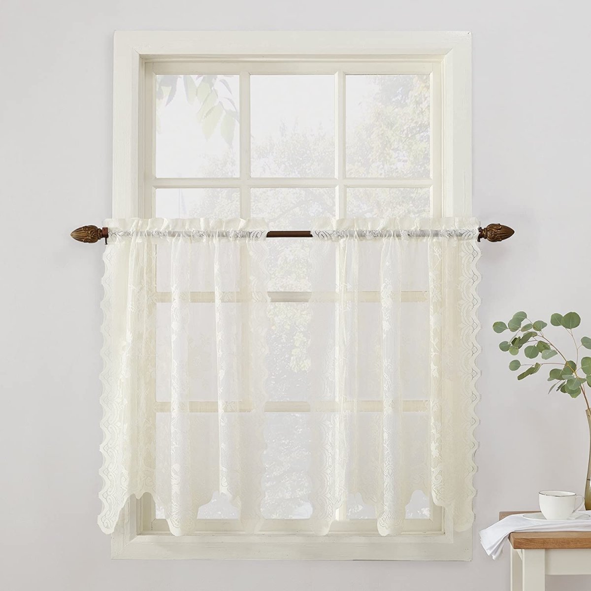 Floral Lace Sheer Rod Pocket Kitchen Curtain Valance and Tiers Set - Anna's Linens