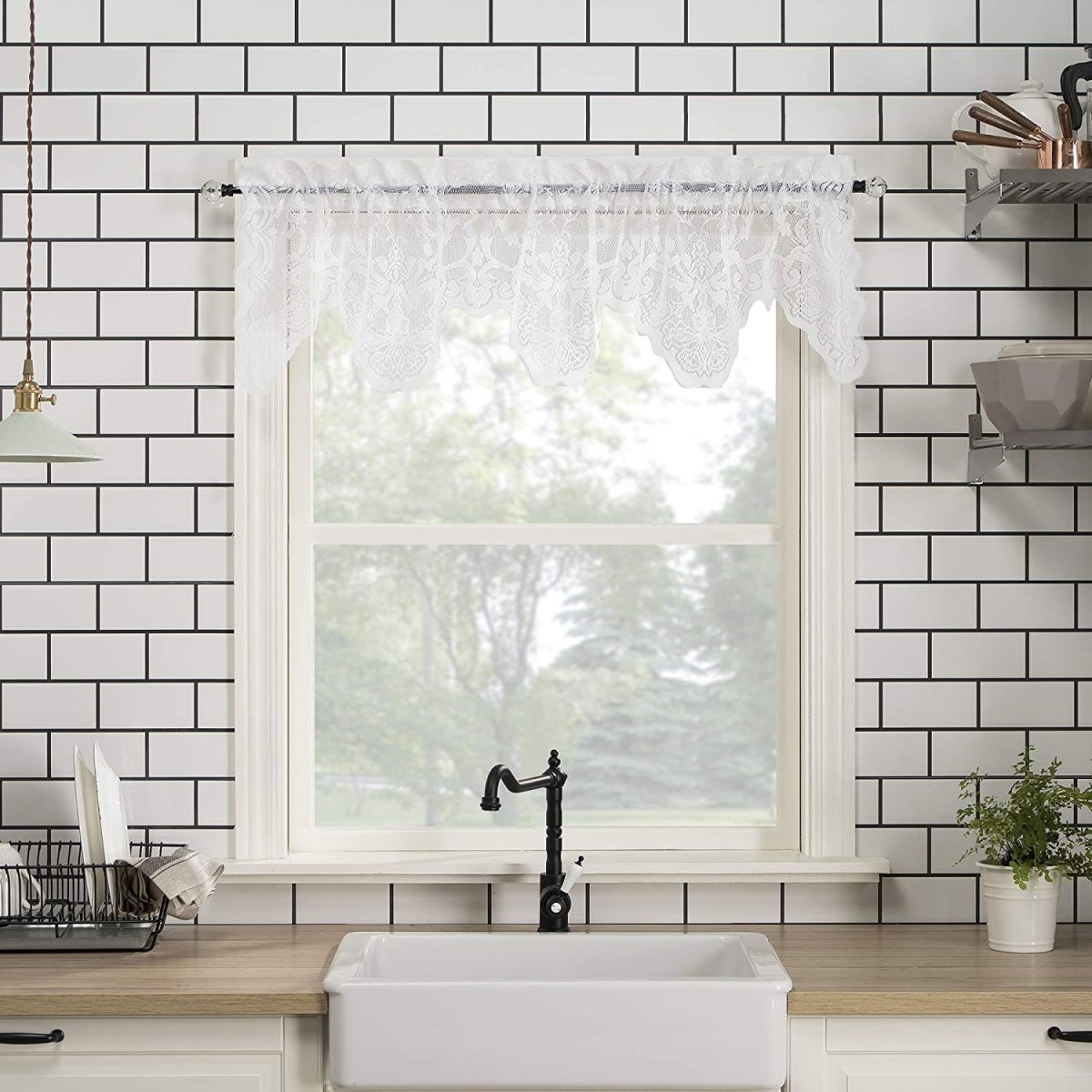Floral Lace Sheer Rod Pocket Kitchen Curtain Valance and Tiers Set - Anna's Linens
