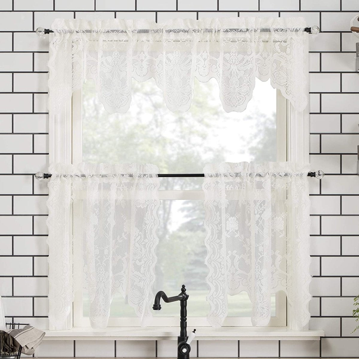 Floral Lace Sheer Rod Pocket Kitchen Curtain Valance and Tiers Set - Anna's Linens