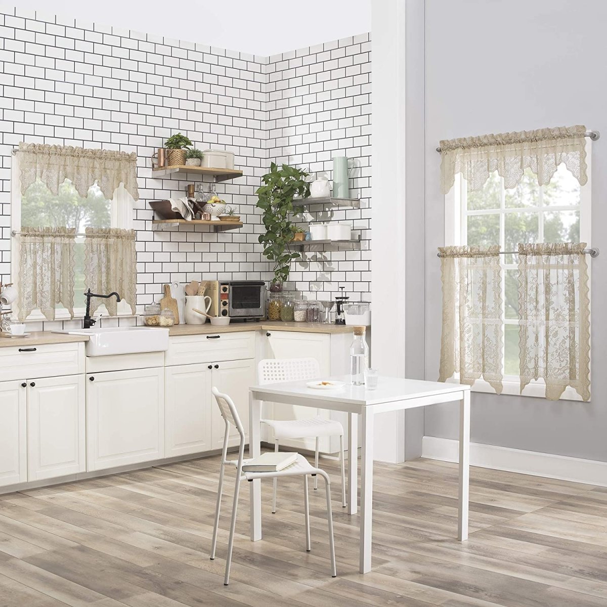 Floral Lace Sheer Rod Pocket Kitchen Curtain Valance and Tiers Set - Anna's Linens