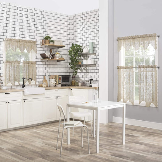 Floral Lace Sheer Rod Pocket Kitchen Curtain Valance and Tiers Set - Anna's Linens