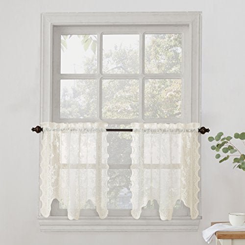 Floral Lace Sheer Rod Pocket Kitchen Curtain Valance and Tiers Set - Anna's Linens