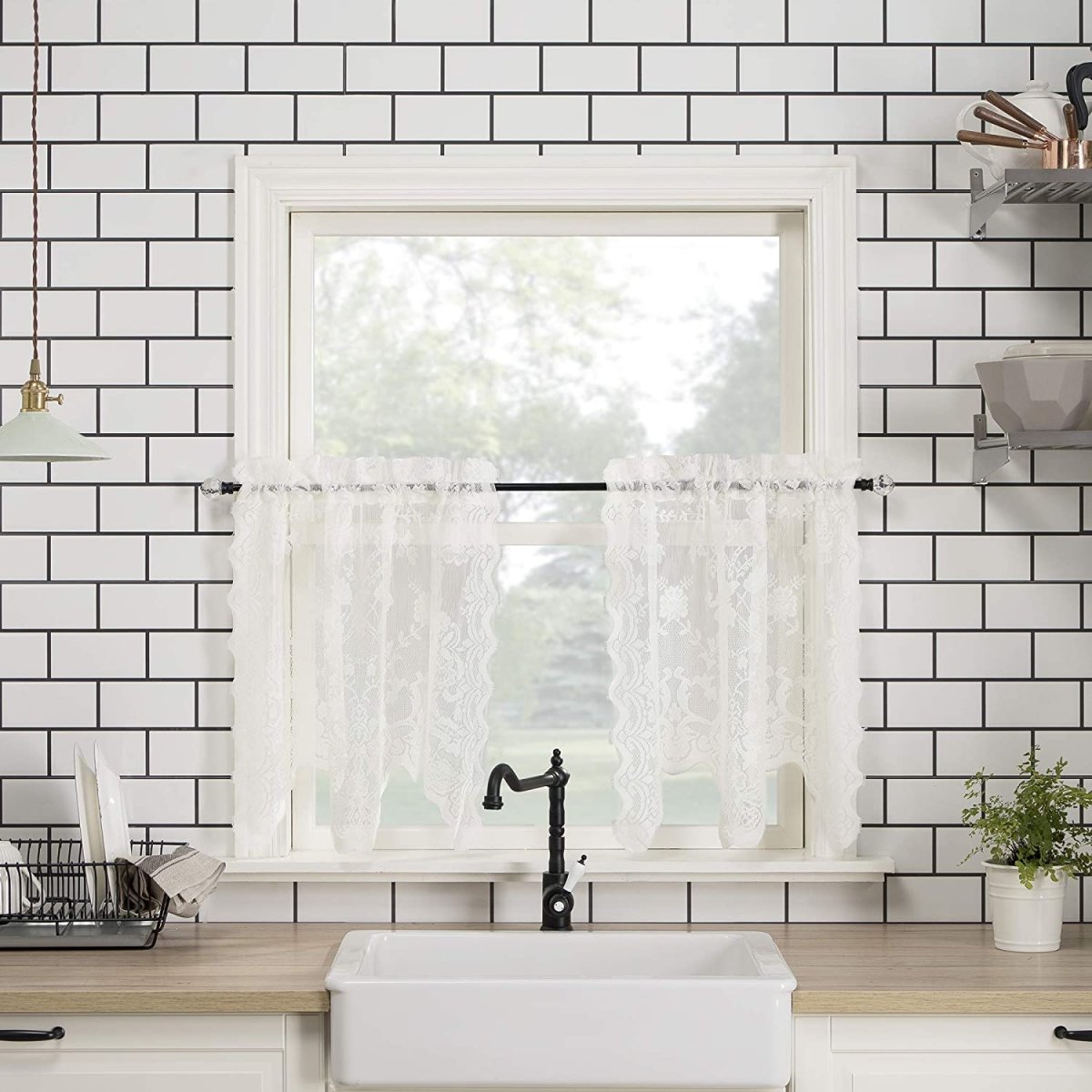 Floral Lace Sheer Rod Pocket Kitchen Curtain Valance and Tiers Set - Anna's Linens