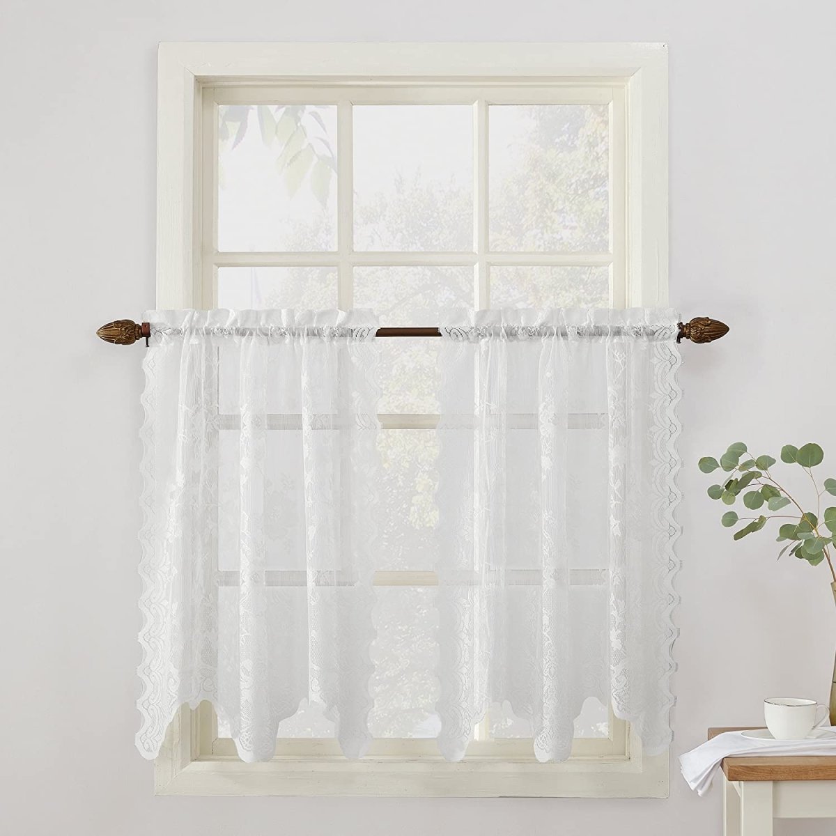 Floral Lace Sheer Rod Pocket Kitchen Curtain Valance and Tiers Set - Anna's Linens