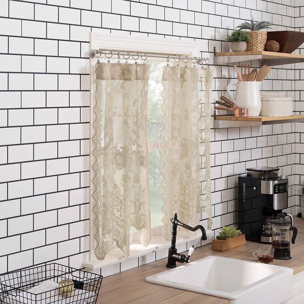 Floral Lace Sheer Rod Pocket Kitchen Curtain Valance and Tiers Set - Anna's Linens