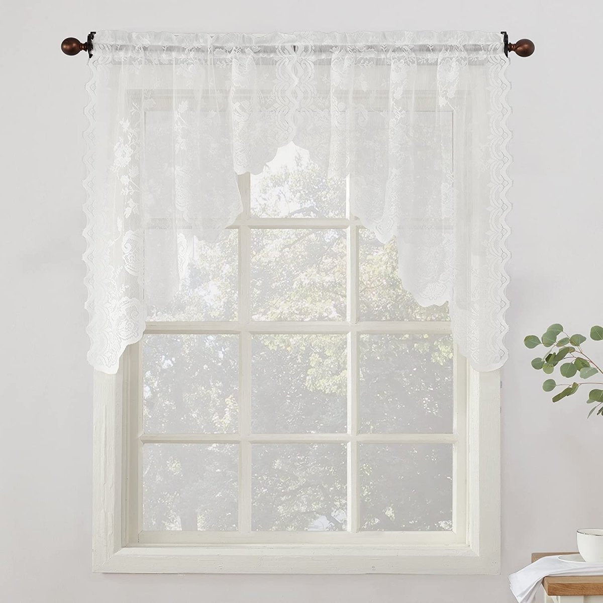 Floral Lace Sheer Rod Pocket Kitchen Curtain Valance and Tiers Set - Anna's Linens