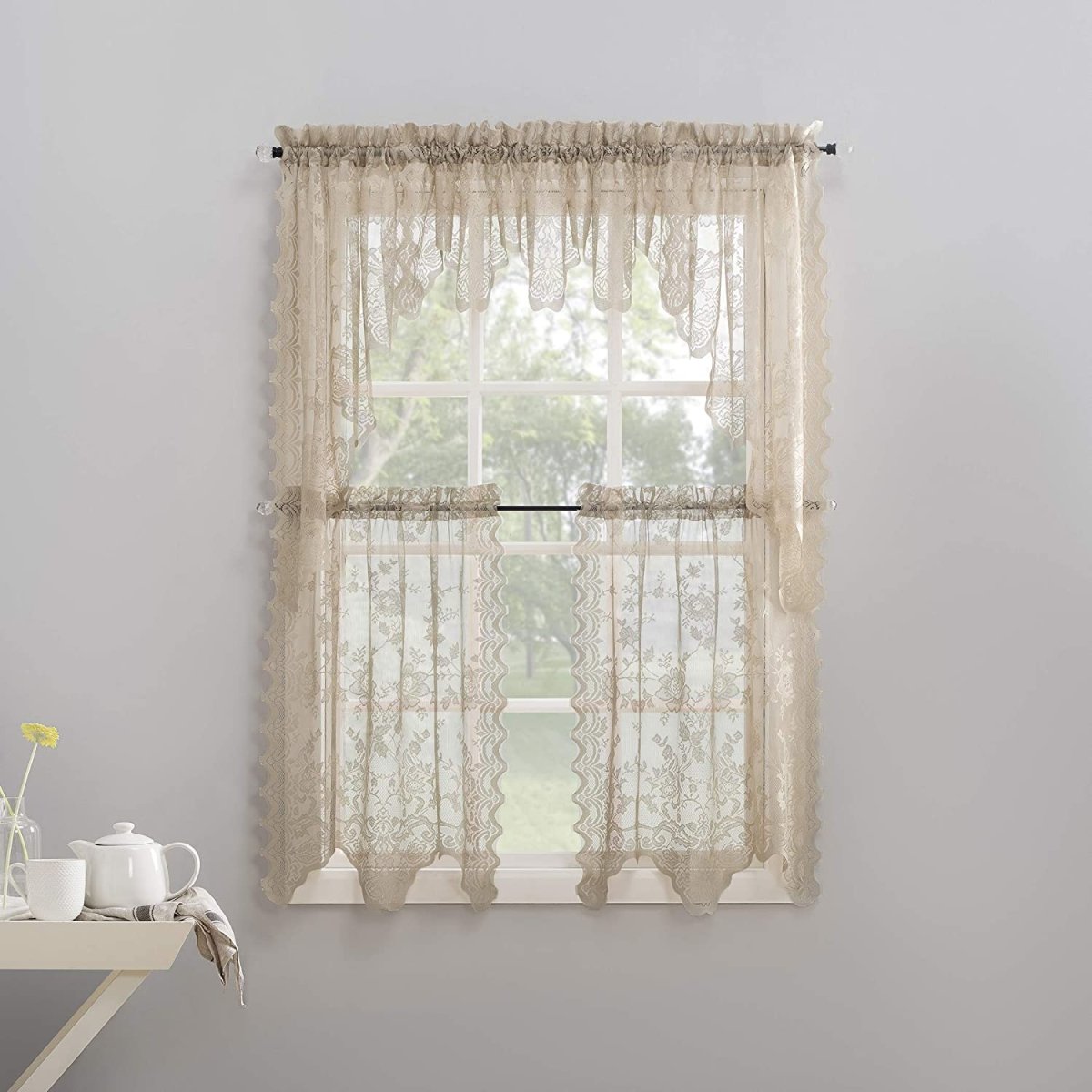 Floral Lace Sheer Rod Pocket Kitchen Curtain Valance and Tiers Set - Anna's Linens