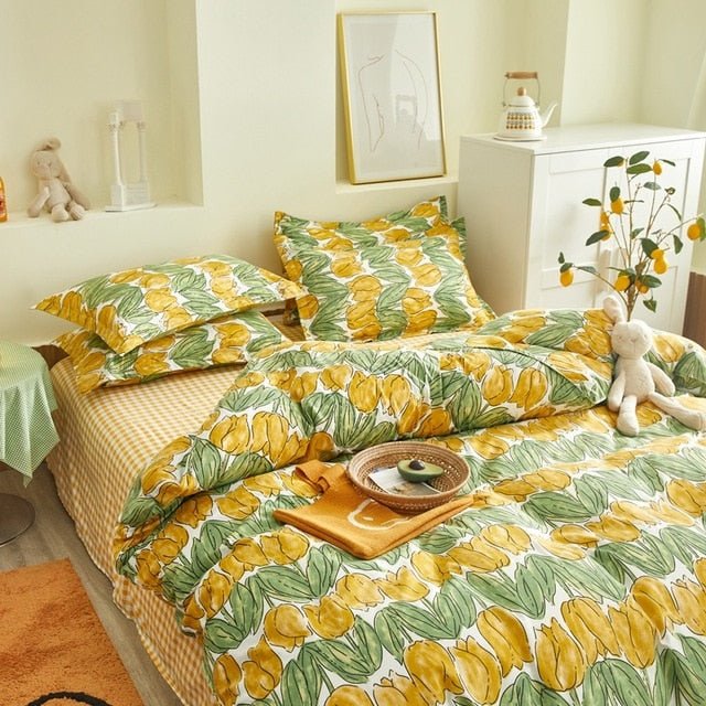 Flower Duvet Cover Bedding Set Peach Daisy Pastoral style Flat Bed Sheet - Anna's Linens