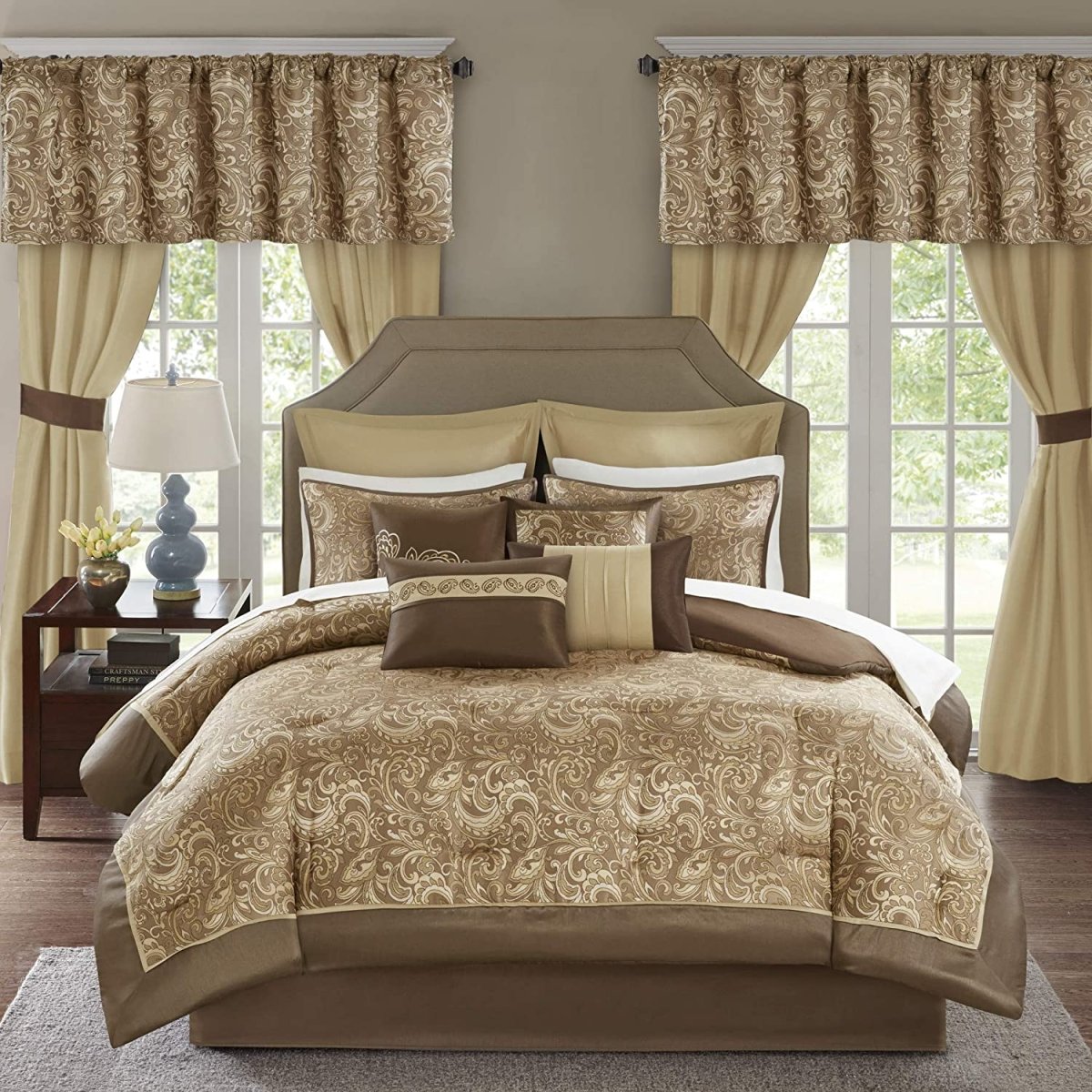 Master Bedroom 24 Piece Room in a Bag Faux Silk Comforter Jacquard Paisley Design Matching Curtains - Anna's Linens